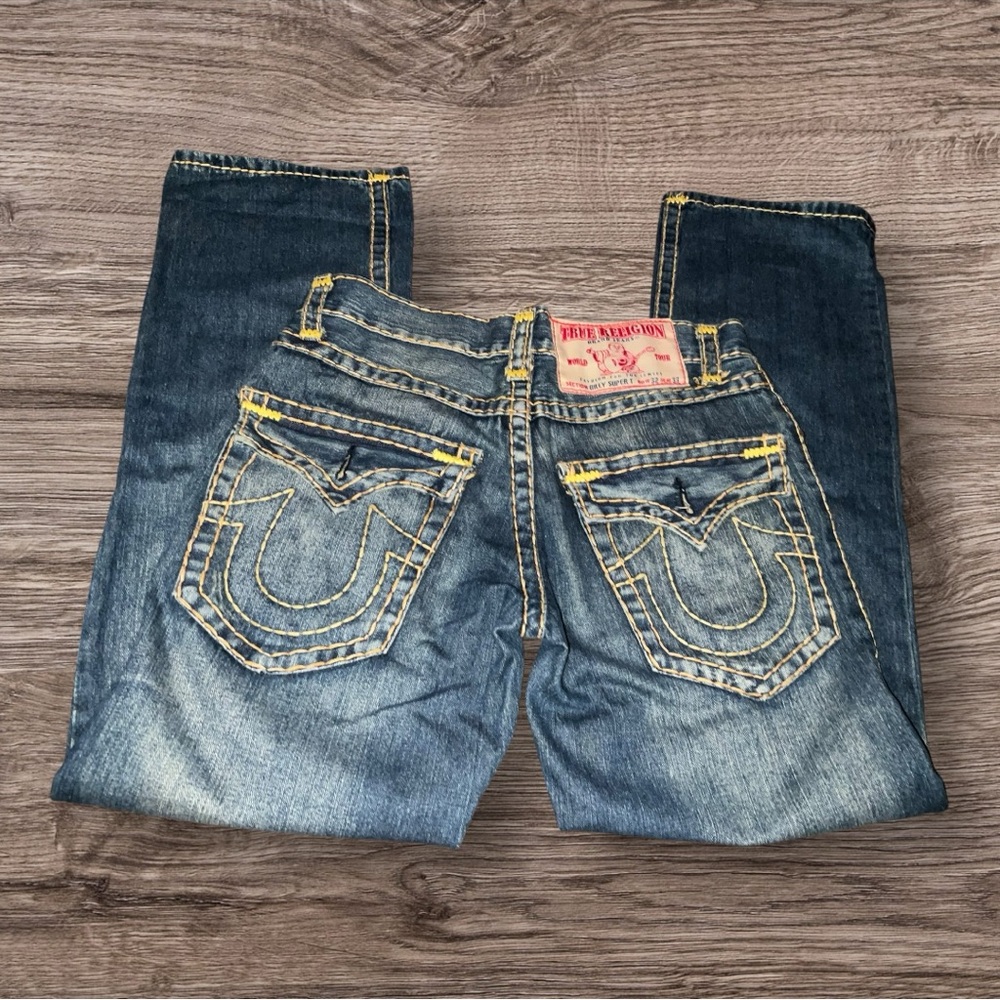 True Religion Vintag Blue Straight-Leg Jeans unique Tan stitching 32x30